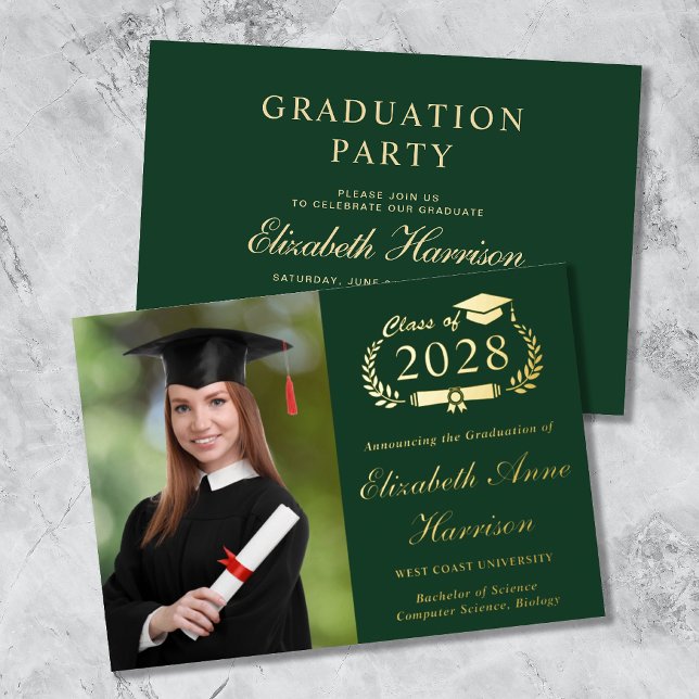 Elegant Script Photo Green Graduation Party Foil Invitation (Creator Uploaded)