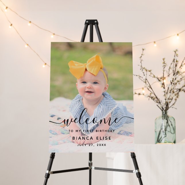 Elegant Script Photo Kid's Birthday Welcome Sign (In Situ (Stand))