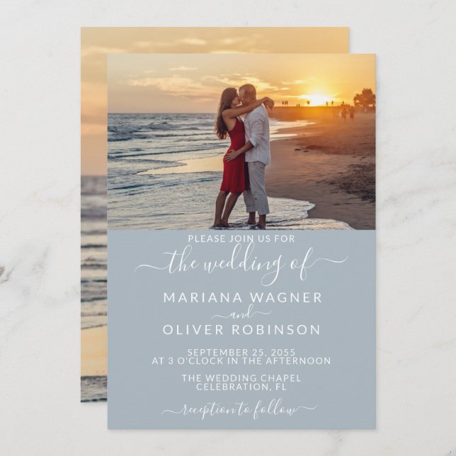 Elegant Script Photo Light Gray Wedding Invitation (Front/Back)