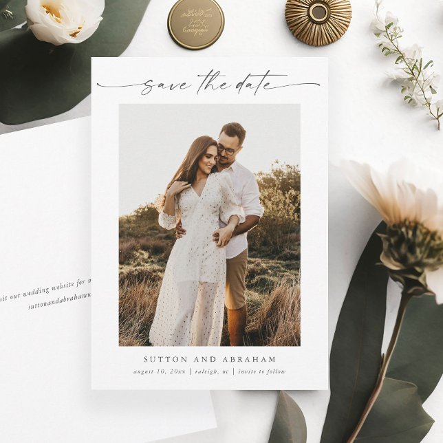Elegant Script Photo Minimal Wedding Save The Date (Am elegant minimalist photo wedding save the date with modern handwritten script typography.)