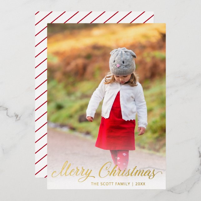 Elegant Script Photo Modern Christmas Foil Holiday Card (Front/Back)