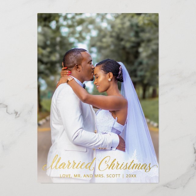 Elegant Script Photo Modern Newlywed Christmas Foil Holiday Card (Front)