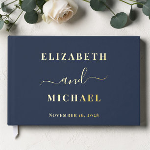 Elegant Script Photo Navy Blue Wedding Foil Guest Book