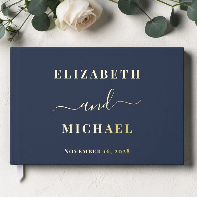 Elegant Script Photo Navy Blue Wedding Foil Guest Book (Elegant Script Photo Navy Blue Wedding Foil Guest Book)