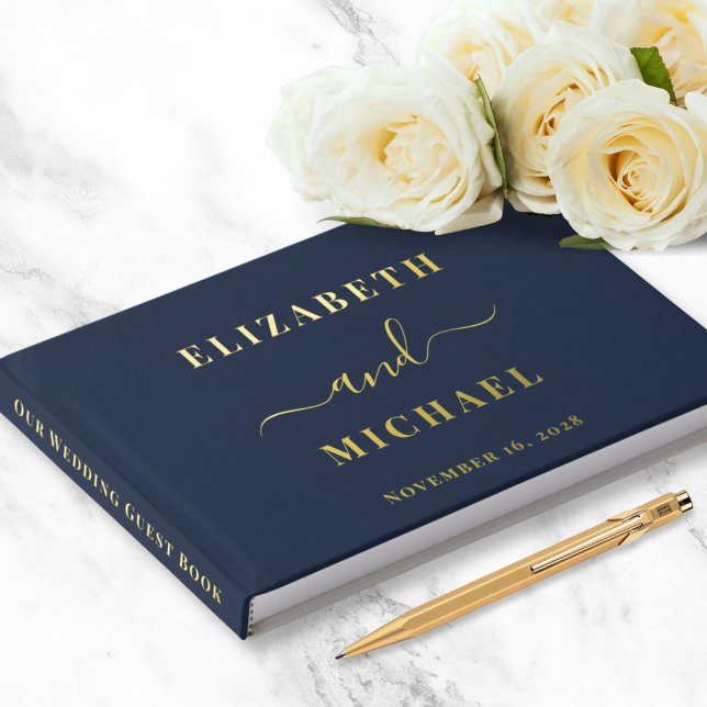 Elegant Script Photo Navy Blue Wedding Foil Guest Book (Creator Uploaded)