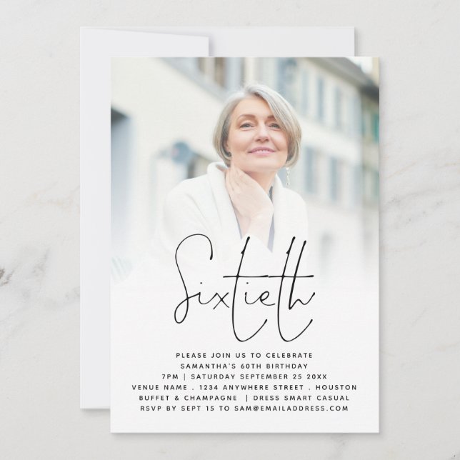 Elegant Script Photo Overlay 60th Birthday Invitation (Front)