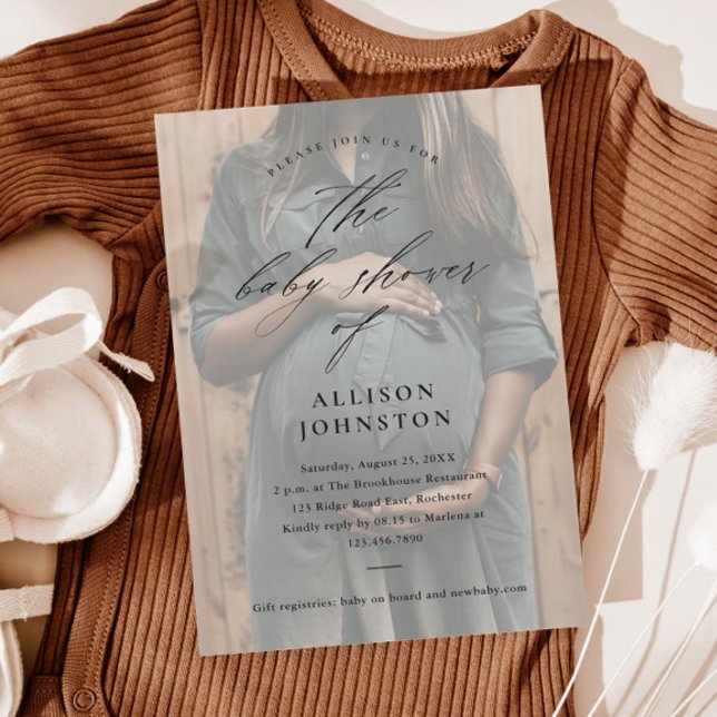 Elegant Script Photo Overlay Baby Shower Invitation (Elegant script photo overlay baby shower invitations.)