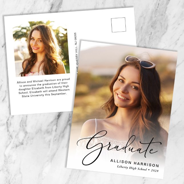 Elegant Script Photo Overlay Graduation Announcement Postcard (An elegant photo graduation announcement postcard to celebrate the graduate's achievements)