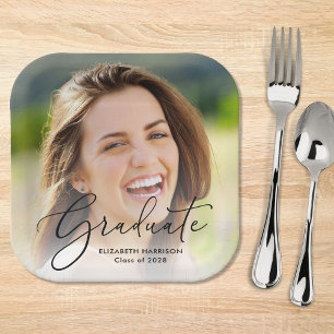 Elegant Script Photo Overlay Graduation Party Paper Plates