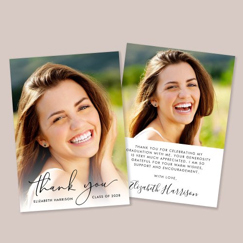 Elegant Script Photo Overlay Graduation Thank You Card