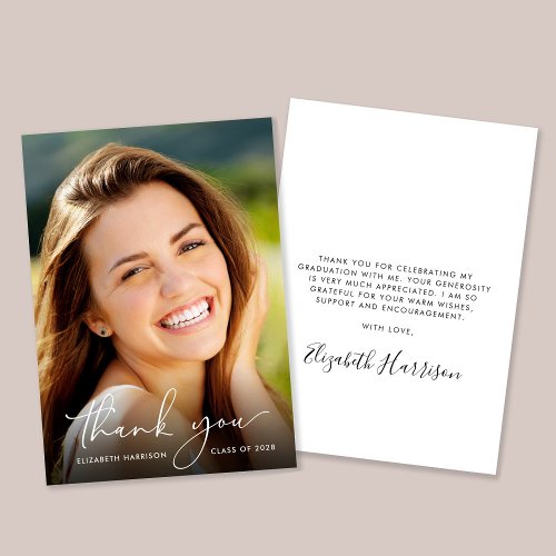 Elegant Script Photo Overlay Graduation Thank You Card