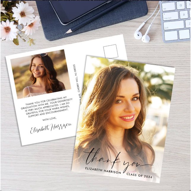 Elegant Script Photo Overlay Graduation Thank You Postcard (Elegant Script Photo Overlay Graduation Thank You Postcard)
