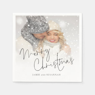 Elegant Script Photo Overlay Names Merry Christmas Napkins