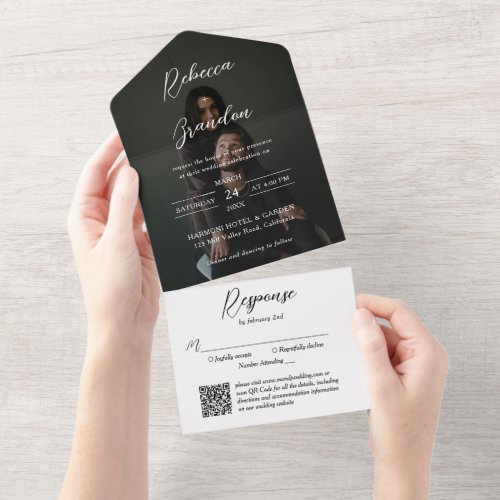 Elegant Script Photo Overlay QR code Wedding All In One Invitation