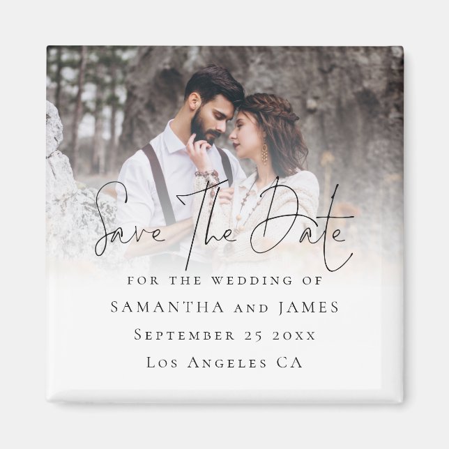 Elegant Script Photo Overlay Wedding Save The Date Magnet (Front)