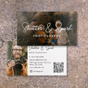 Elegant Script Photo Photography QR Code Silver Foil Business Cards