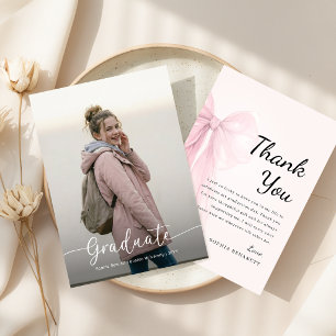 Elegant Script Photo Pink Bow Graduation Thank You Card