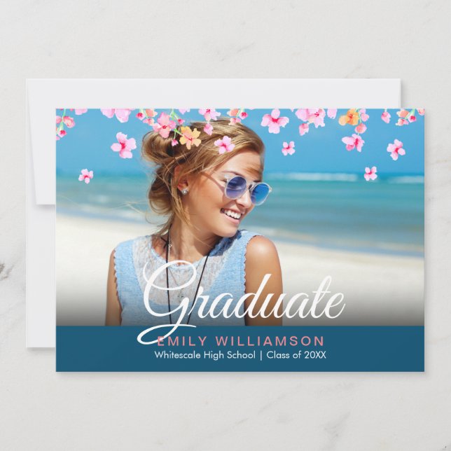 Elegant Script Photo Pink Floral  Graduation Party Invitation (Front)