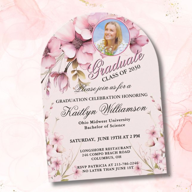Elegant Script Photo Pink Graduation Party Arch Invitation (Creator Uploaded)
