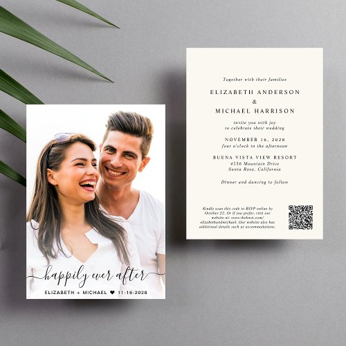 Elegant Script Photo QR Code Cream Wedding Invitation