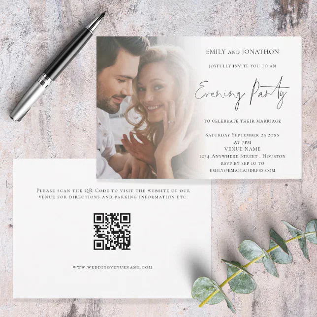 Elegant Script Photo QR Code Wedding Evening Invitation | Zazzle