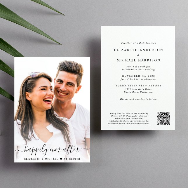 Elegant Script Photo QR Code Wedding Invitation (Elegant all-in-one wedding invite featuring your photo + a QR code linked to your wedding website)