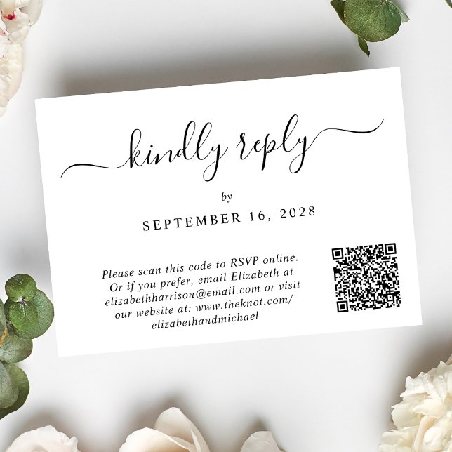 Elegant Script Photo QR Code Wedding RSVP Card (Our user-friendly template will generate your QR code automatically from your website address)