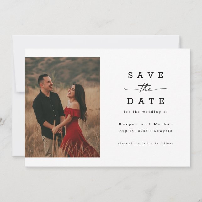 Elegant Script Photo QR Code Wedding Save The Date (Front)