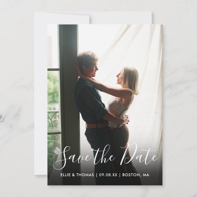 Elegant Script Photo QR Code Wedding Save The Date (Front)