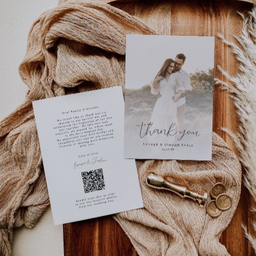 Elegant Script Photo Qr Code Wedding Thank You Card