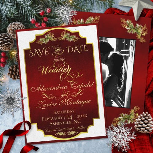 Elegant Script & Photo - Red/Gold Save The Date