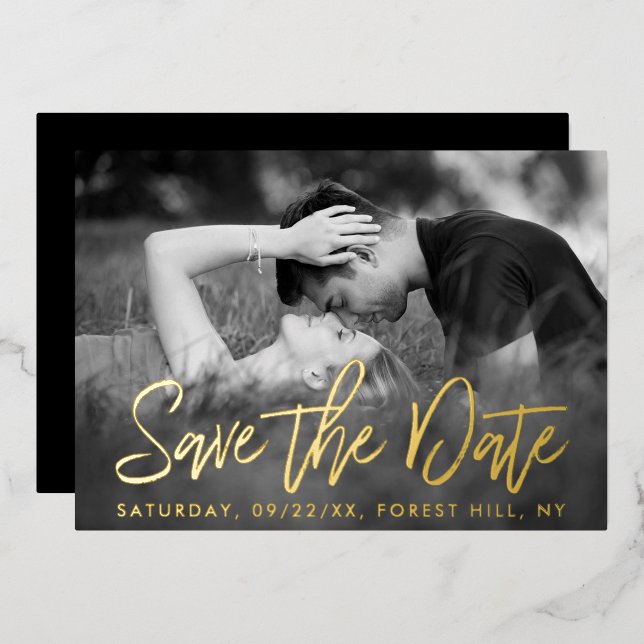 Elegant Script Photo Save The Date Real Foil Invitation (Front/Back)