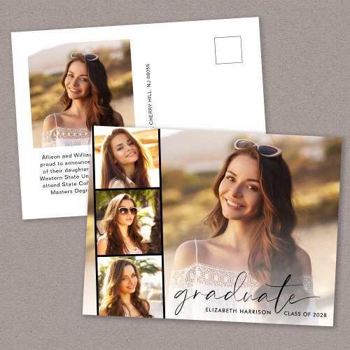 Elegant Script Photo Strip Graduation Announcement Postcard