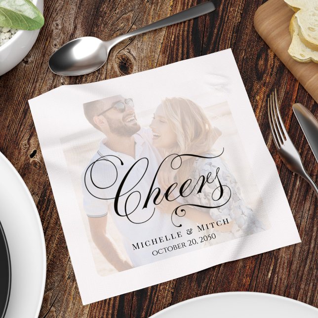 Elegant Script Photo Wedding Cheers Custom Napkins (Black and white minimalist photo "cheers" napkin. with photo overlay)