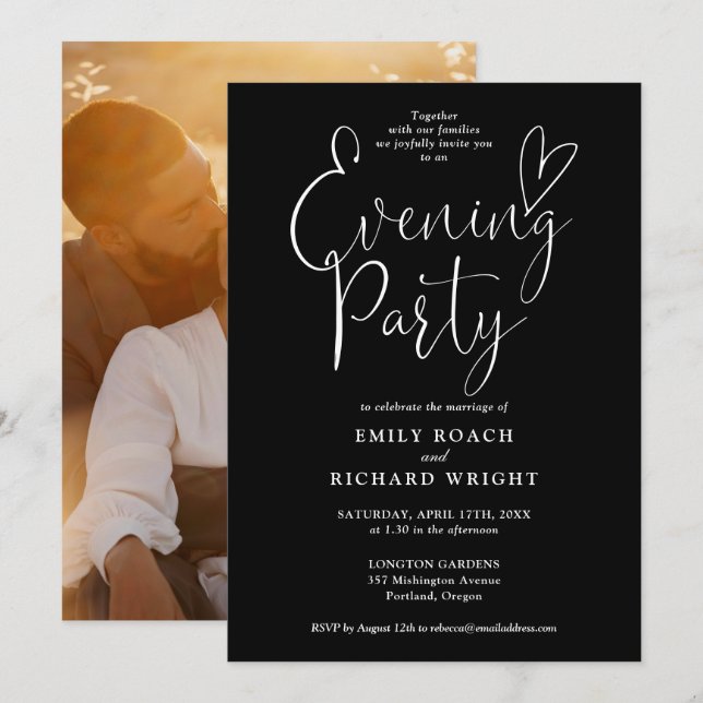 Elegant Script Photo Wedding Evening Party Invitation (Front/Back)