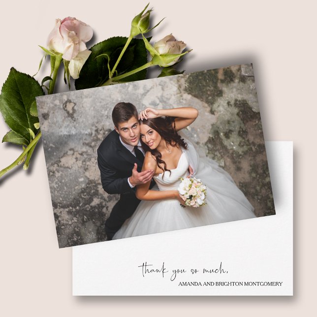 Elegant Script Photo Wedding Flat Note Card (Wedding flat thank you notes with your photo on front and your message and names on the back)