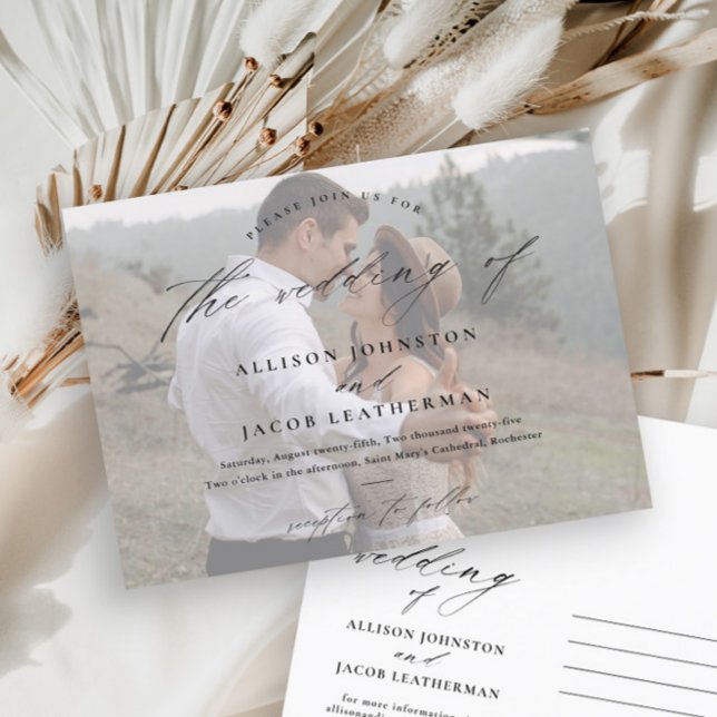 Elegant Script Photo Wedding  Invitation Postcard (Modern handwritten script photo wedding invitation postcard.)