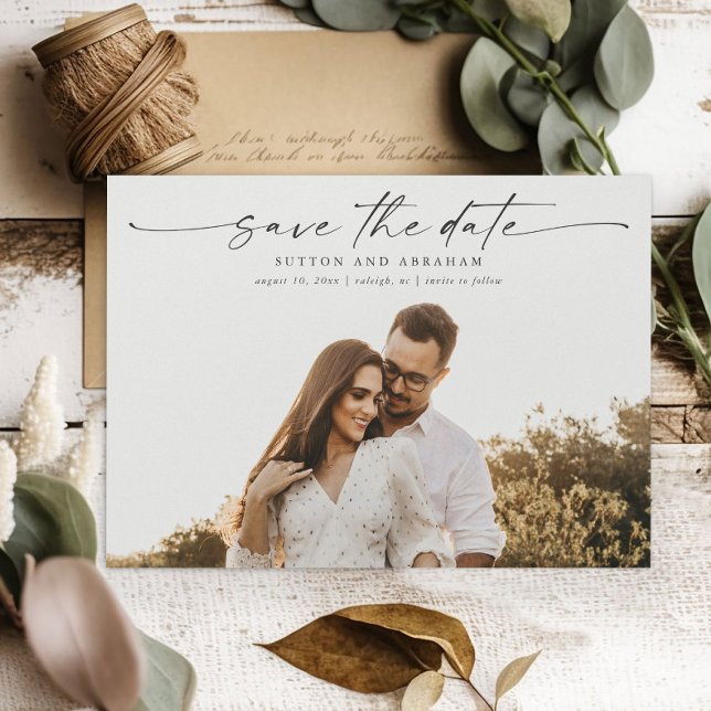Elegant Script Photo Wedding Magnetic Card (An elegant photo save the date magnetic card with modern handwritten script typographic overlay.)