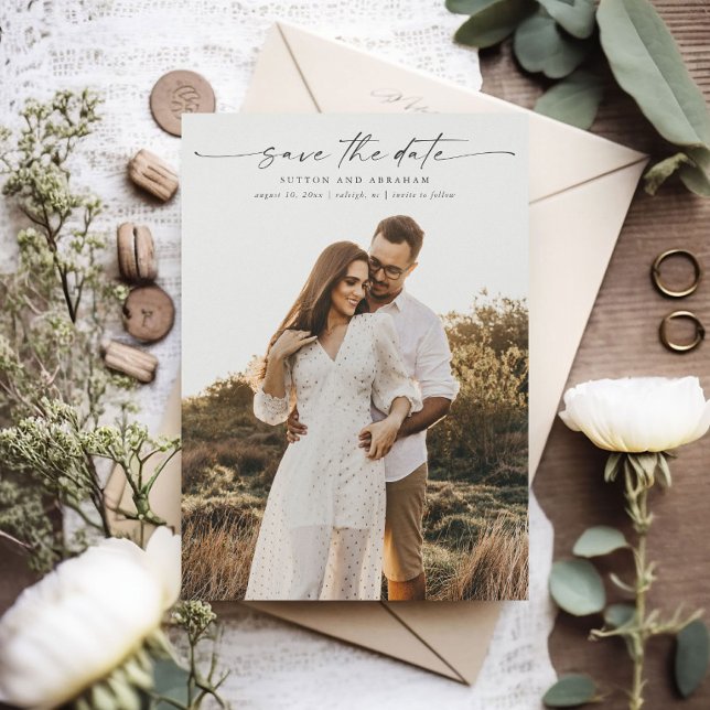 Elegant Script Photo Wedding Magnetic Card (An elegant photo wedding save the date magnet with handwritten script and minimal typography.)