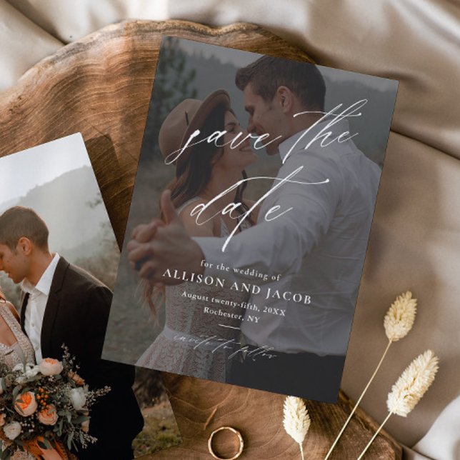 Elegant Script Photo Wedding Save the Date (Elegant handwritten script wedding photo save the date.)