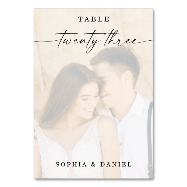 Elegant Script Photo Wedding Table Number 23 (Front)