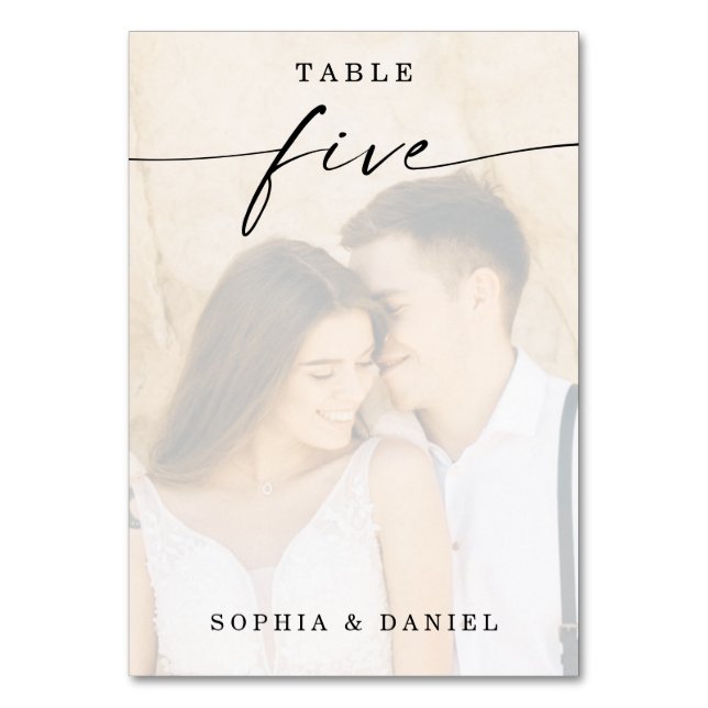 Elegant Script Photo Wedding Table Number Five (Front)