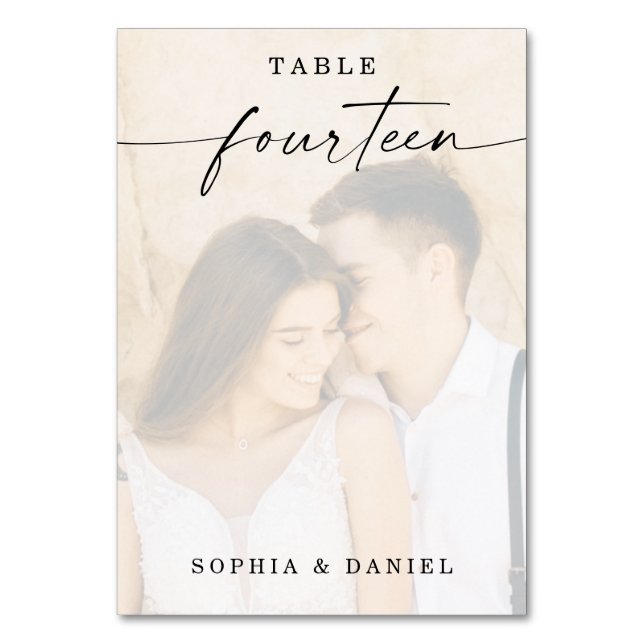 Elegant Script Photo Wedding Table Number Fourteen (Front)