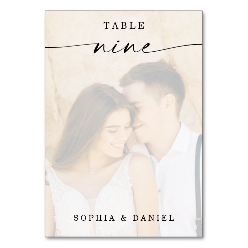 Elegant Script Photo Wedding Table Number Nine