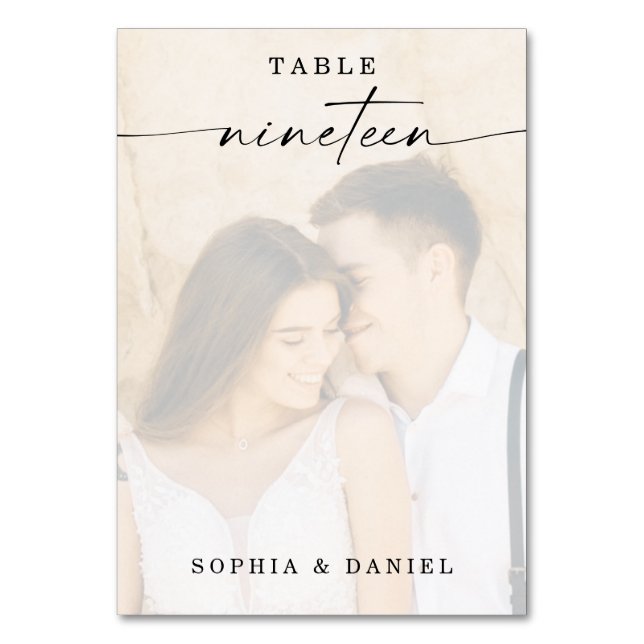 Elegant Script Photo Wedding Table Number Nineteen (Front)