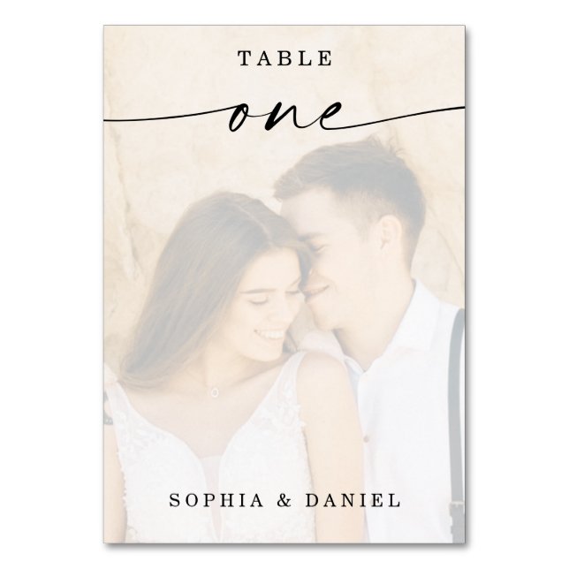 Elegant Script Photo Wedding Table Number One (Front)