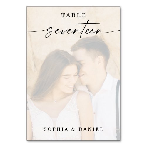 Elegant Script Photo Wedding Table Number Seventee