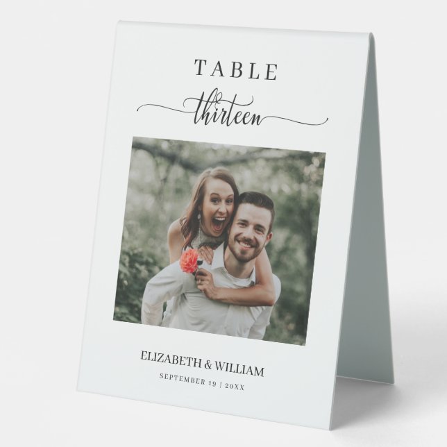 Elegant Script Photo Wedding Table Number Thirteen Table Tent (Front)