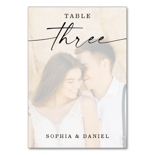 Elegant Script Photo Wedding Table Number Three