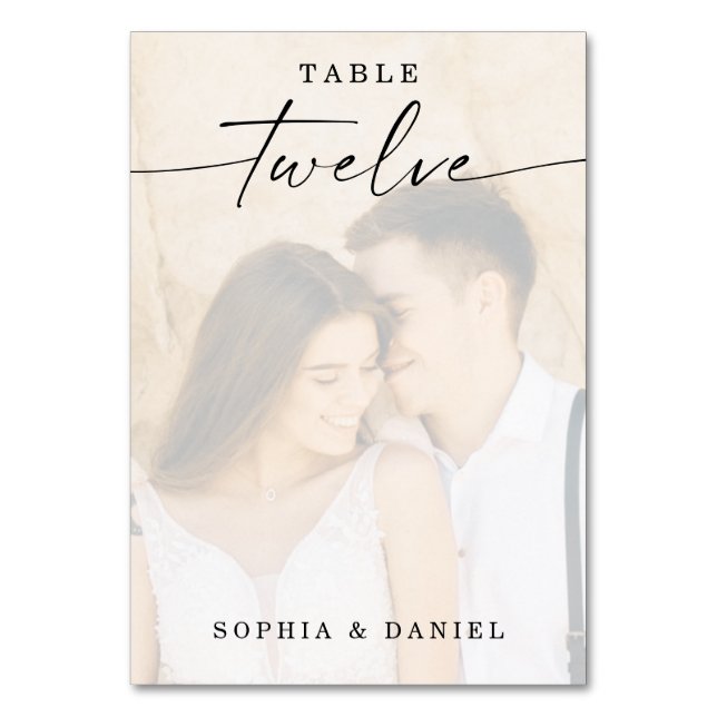 Elegant Script Photo Wedding Table Number Twelve (Front)